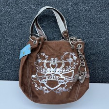 Kathy Van Zeeland Studded Handbag Brown Silver Faux Suede Hobo Charms Y2K NWT