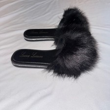 Lauren Lorraine Womens Black Fluffy Faux Fur Slide Sandals Size S US 6 Glam Chic