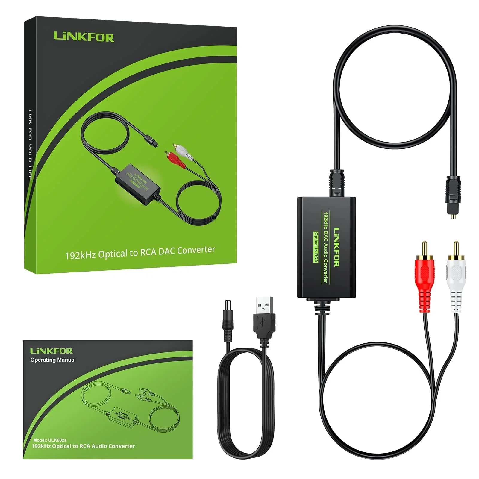 LiNKFOR 192kHz RCA Male Digital to Analog Converter with Adapter Optical Cable