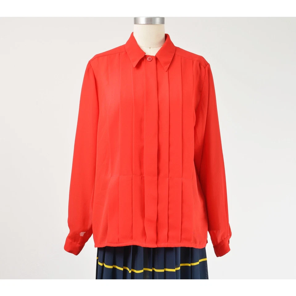 Vintage 80s Red Pleated Blouse Semi Sheer Top Collared Button Down Blouse M - Image 2 of 4