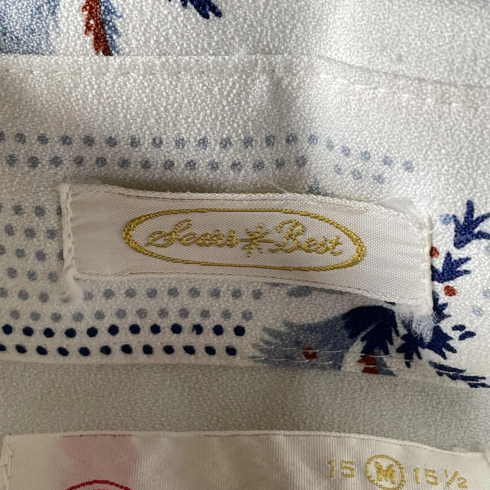 Vintage Sears Kings Road Shirt Mens Medium Tall White Floral Polyester 70s - Image 3 of 4