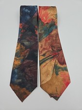 2 Handmade Italian Silk Ties Abstract Art Bold Multi Color Water Color Look 55"