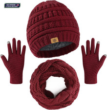 3Pcs Winter Beanie Hat Circle Scarf Touchscreen Gloves Set Fleece Lined Warm Gif