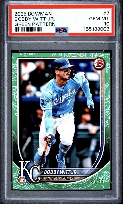 2025 Topps Bowman Bobby Witt Jr #7 Green Pattern /99 PSA 10 Kansas City