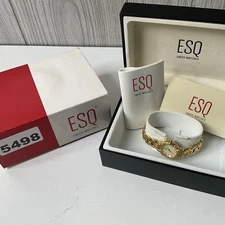 BAD BATTERY ESQ Swiss Watch Women 25mm MOP Dial Gold Tone Round Diamond Marker