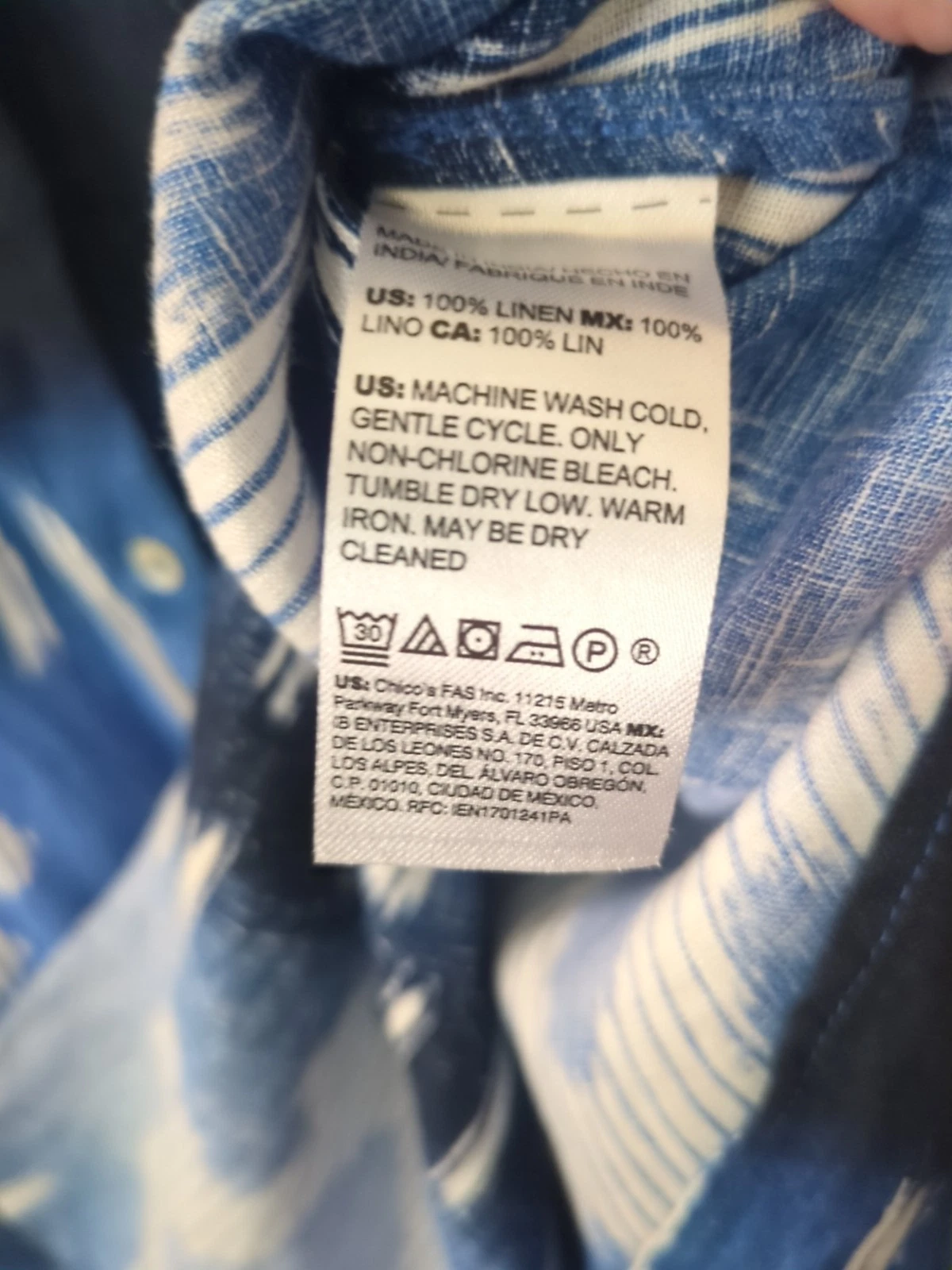 VETEMENTS Abito camicia donna Chico's blu lino stampa azteca Ikat midi con bottoni taglia 2 L