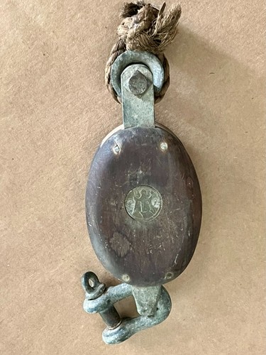 Antique Merriman Bros Boston Sailboat Yacht Block Pulley Original Trident Badge