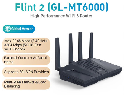 GL.iNet Flint 2 WiFi 6 Gaming Router 2.5G Ethernet Ports OpenWrt VPN 6Gbps