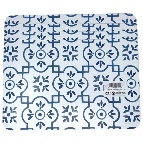 Blue and White Morroccan Tile Vinyl Reversible Placemats 4 Set - Picture 2 of 5