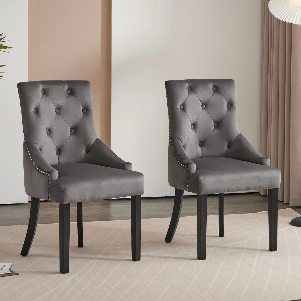 Set of 2 Dark Grey Velvet Dining Chairs Tufted High Back for