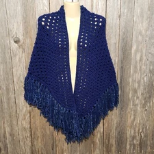 NEW Navy Blue Mix Stitch Hand Knit Knitted Shawl Wrap Scarf Eyelet Topper
