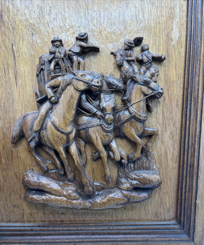 Hand Carved Solid Wood Cowboys and Horses Relief 10 1/2" x 12 3/4" Carving - Picture 10 of 11