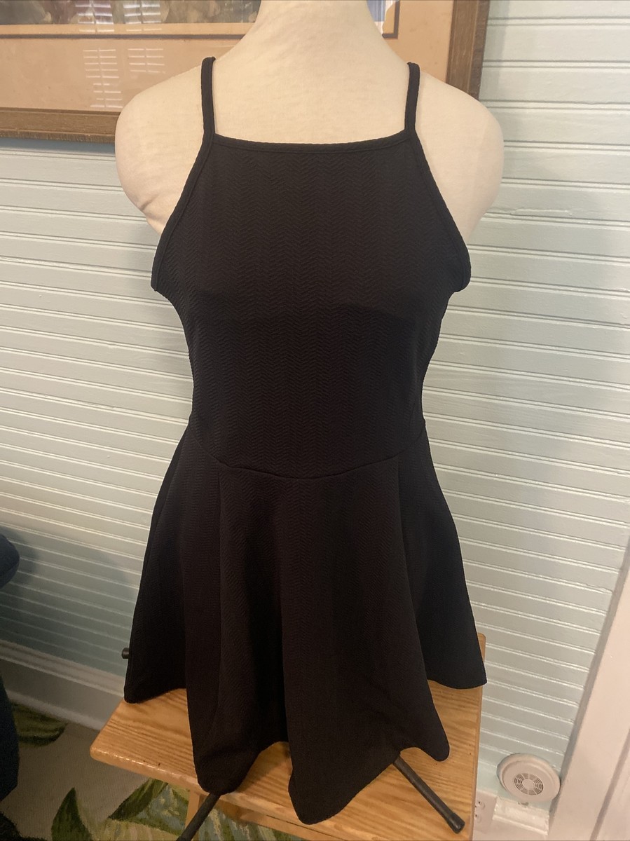 Divided H&M Womens Sz 10 Black Waffle Knit Spaghetti Strap Mini Dress EUC