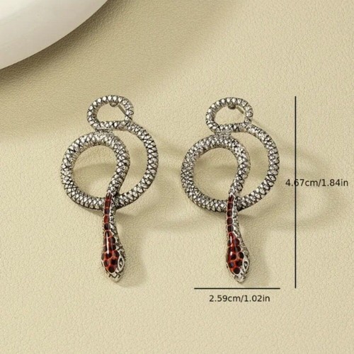 Gothic Carved Silver & Red Coiled Snake Stud Earrings NEW - Picture 5 of 6