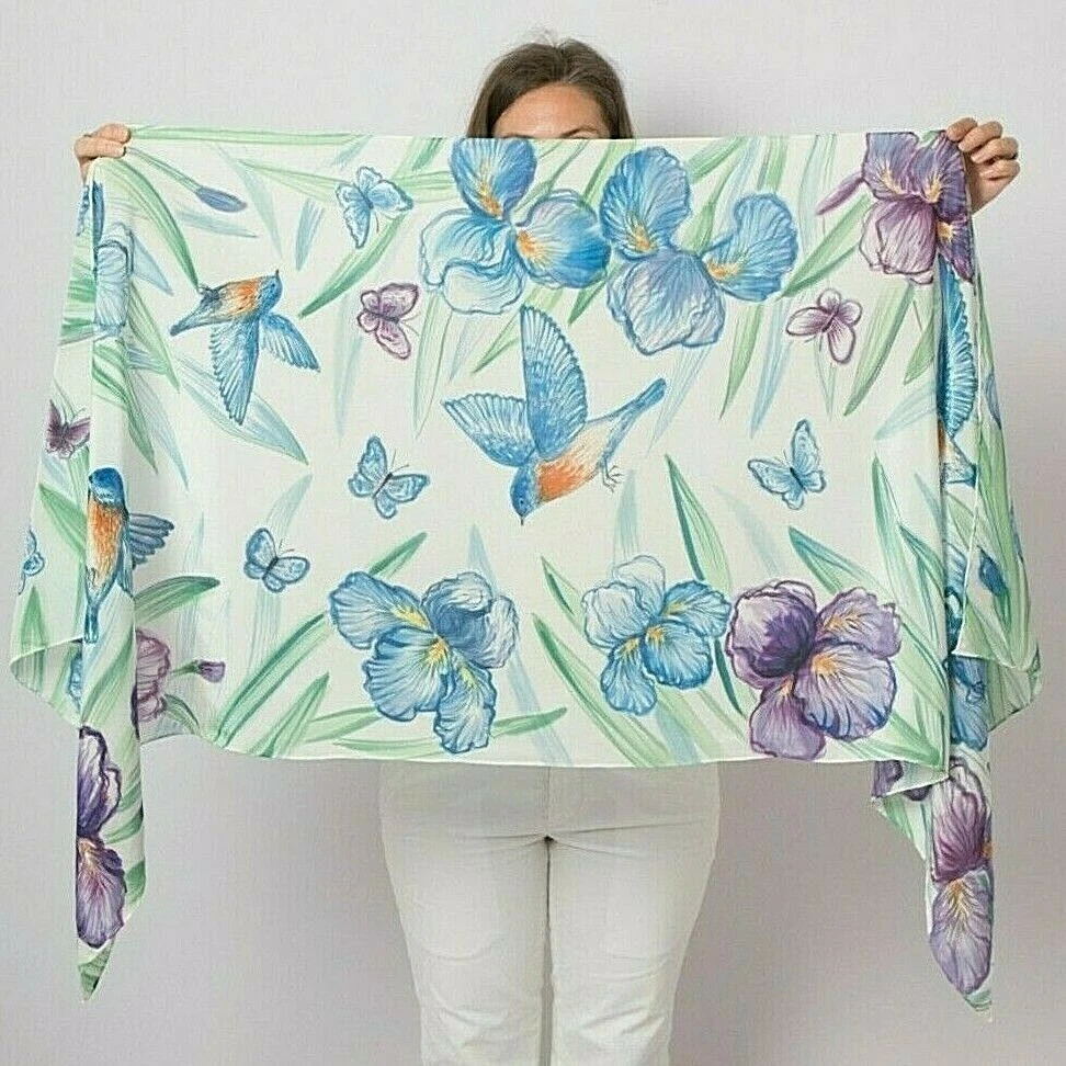 Iris Hand Painted Pure Silk Scarf Bearded Iris Blue Bird Spring Scarf for Mom