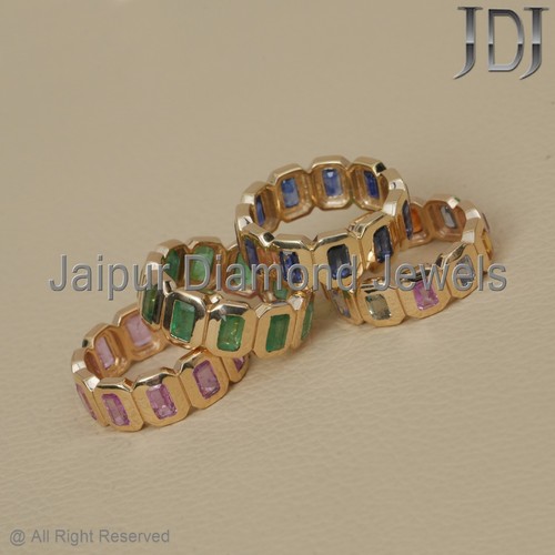 Solid 14k Yellow Gold Band Ring Natural Emerald Gemstone Eternity Ring Jewelry - Picture 13 of 24