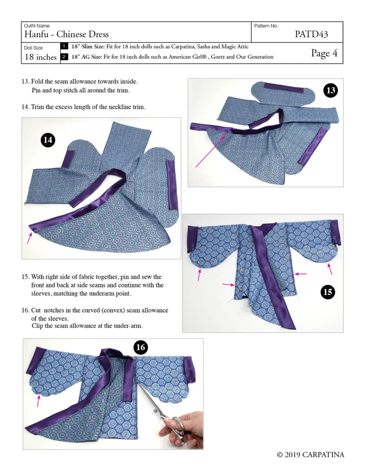 Chinese Hanu Doll Dress Sewing Pattern for 18" American Girl & 18" Slim Dolls - Image 3 of 4