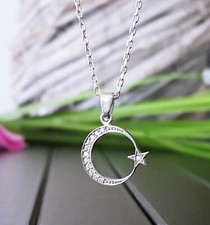 925 Echt Silber Mond Stern Anhänger Kette Zirkonia Steine Halbmond Collier Fahne
