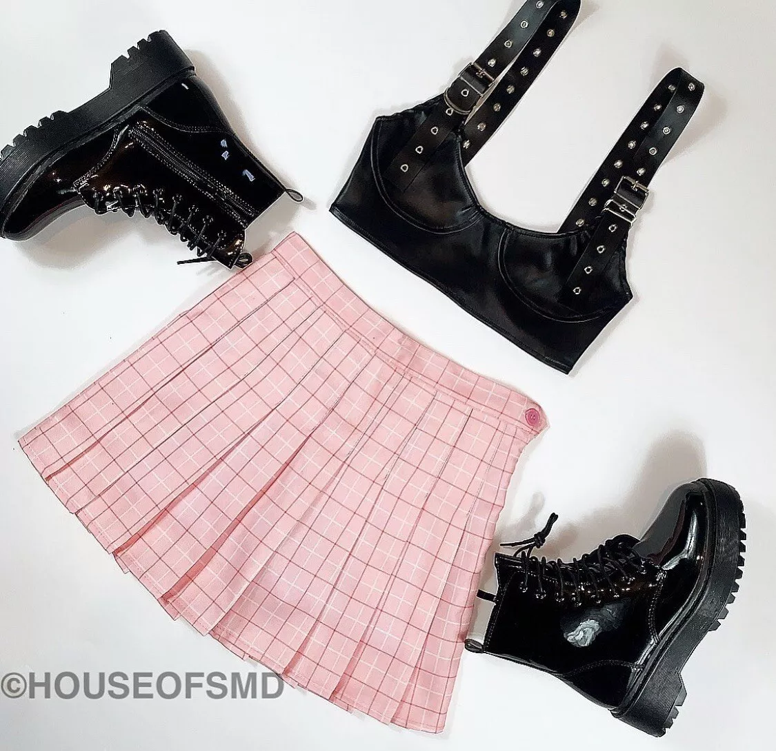 Baby pink plaid skirt cheap