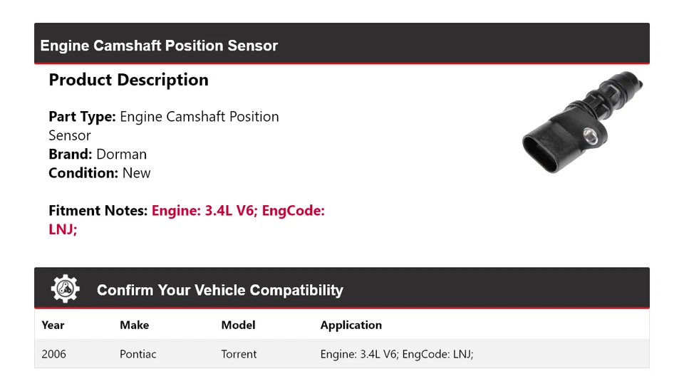 Sensor de posición del árbol de levas del motor Dorman V6 de 3,4 L Pontiac Torrent 2006 Foto 2 de 4