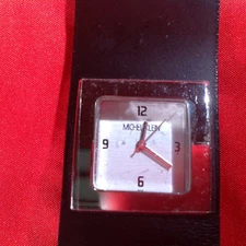 Michel Klein Silver Tone Square Face Black Leather Band Wrist Watch 8" 