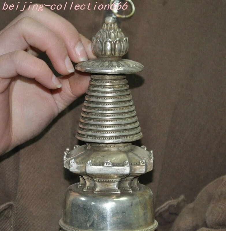8"" Tibet Budismo Tibetano Plata Sakyamuni Buda Stupa Pagoda Torre Estatua Foto 2 de 4