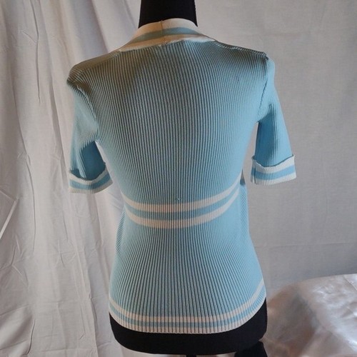 Vintage 70's Light Blue w/White Stripes Short Sleeve Cardigan w/ Faux Tank - M - Picture 6 of 15
