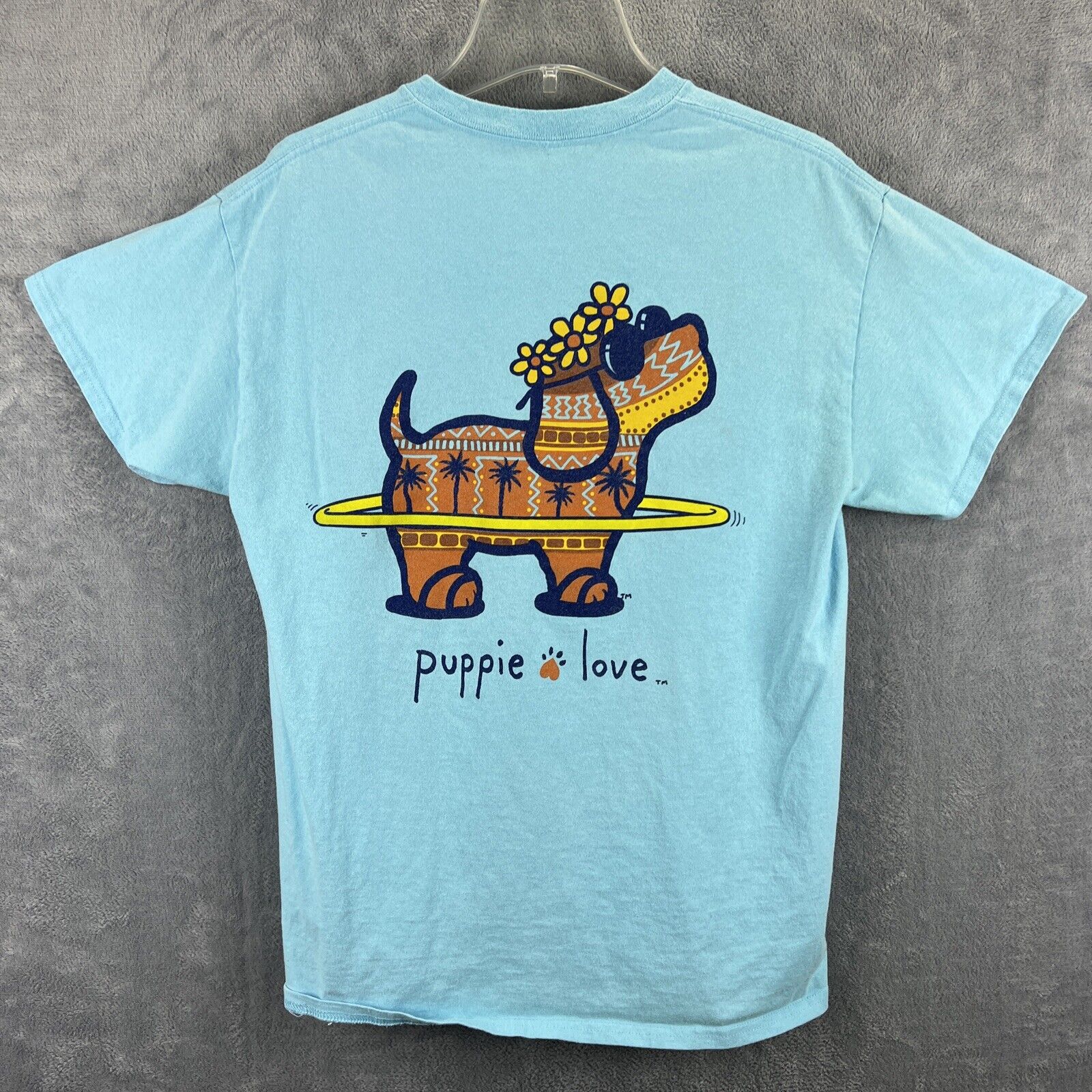 Puppie Love Rescue Shirt Womens Medium Aqua Regular Fit Hula Hoop Dog Short  Slv | eBay