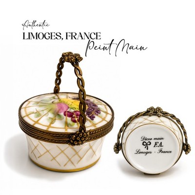 Limoges France Decor Main FA Fruit Basket Trinket Box Gold Lattice Handle Mint