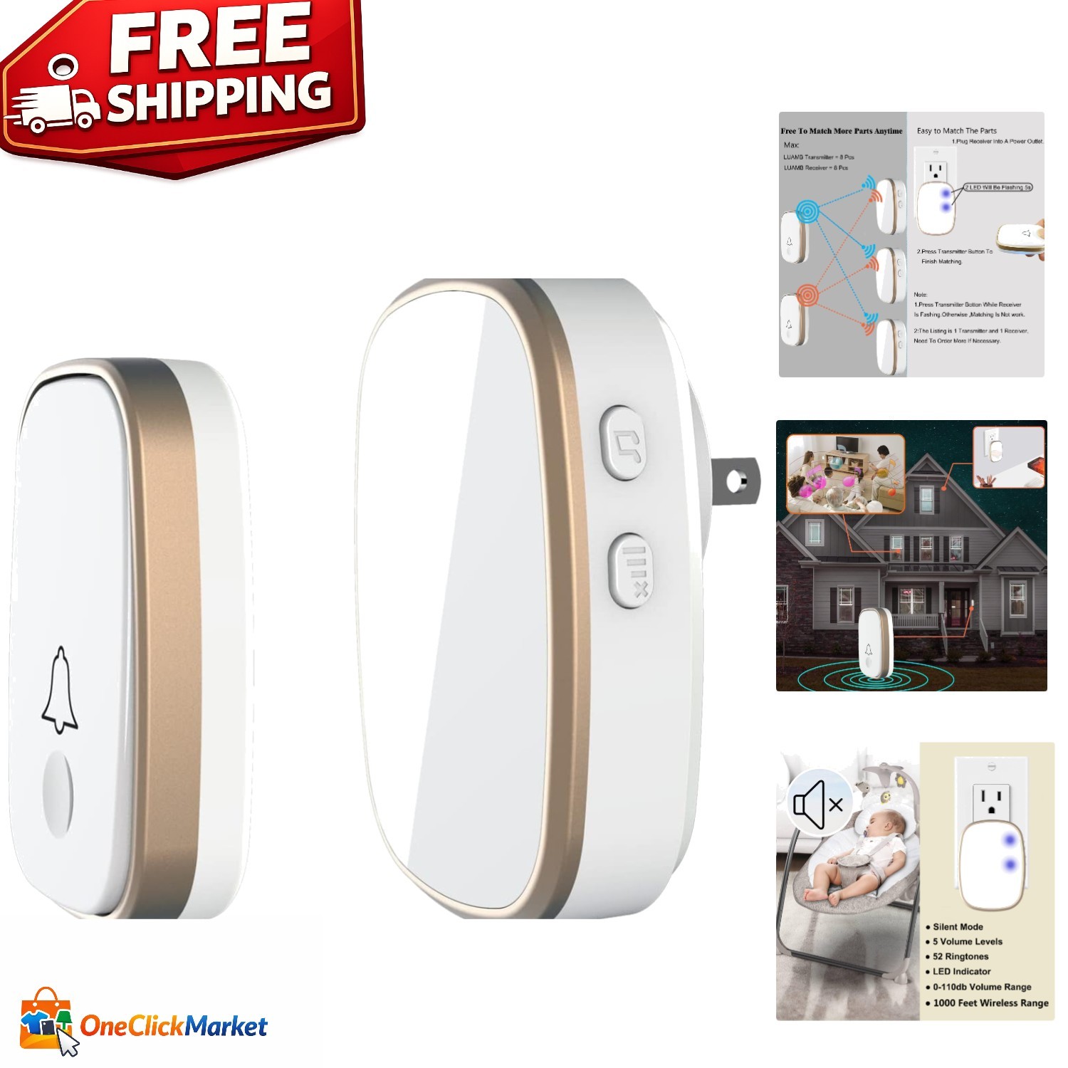 Stylish Wireless Doorbell with 1,000ft Range and 52 Ringtones - 5 Volume Levels