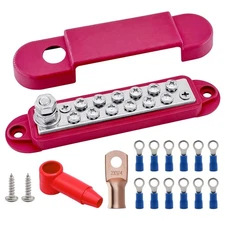 1/4" Stud Power Distribution Block Bus Bar with 12 x #8 Plated Brass Kit, Red 