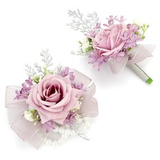 2pcs Purple Corsage and Boutonniere Set for Prom Decor Silk Corsage Wristlet ...