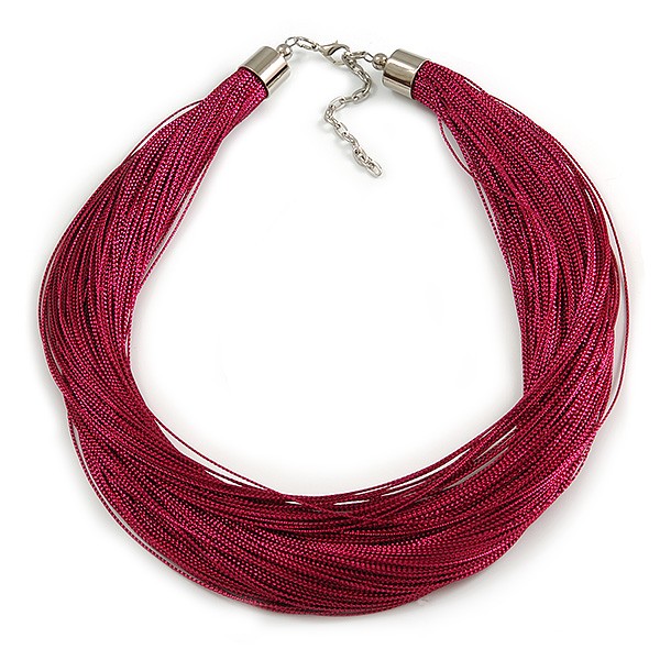 Magenta Purple Multistrand Silk Cord Necklace In Silver Tone - 50cm L/ 7cm Ext