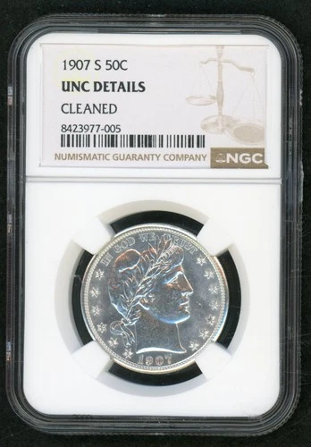 1907-S Barber Half Dollar NGC UNC Details Cleaned