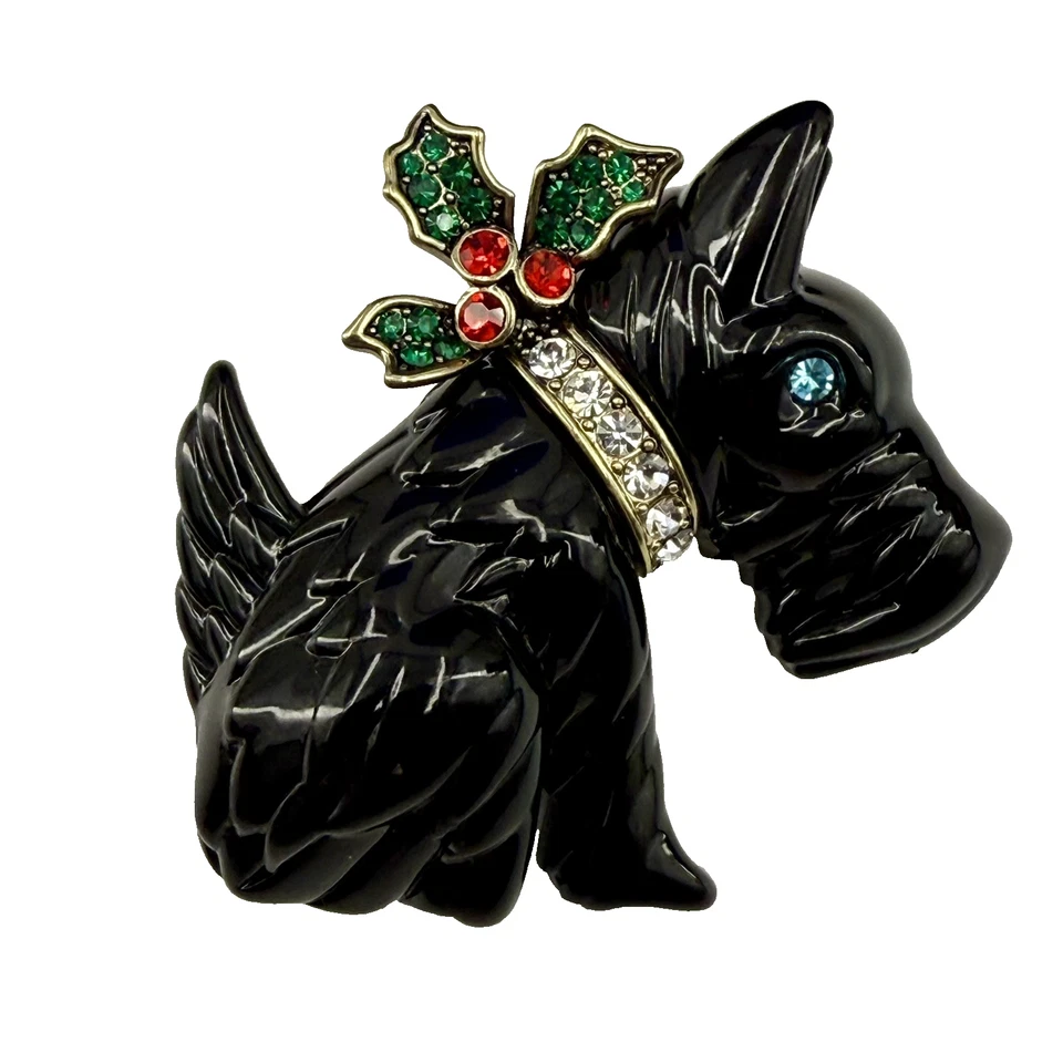 Broche Heidi Daus Scottie Love Dog coleira de cristal Natal azevinho acento - Imagem 2 de 4
