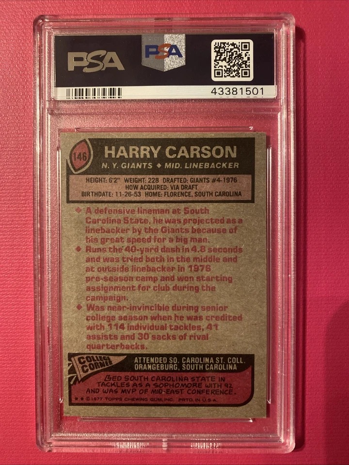 1977 Topps Harry Carson Rookie PSA 7 #146 - Image 2 of 2