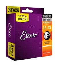  3 SETS ELIXIR 11052 80/20 BRONZE NANOWEB ACOUSTIC GUITAR STRINGS LIGHT 12-53 