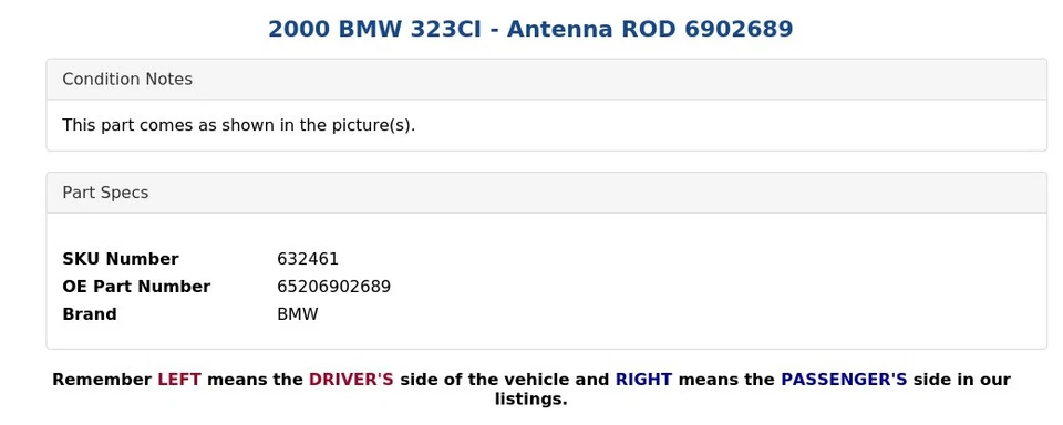 BMW 323CI 2000 - varilla de antena 6902689 Foto 4 de 4