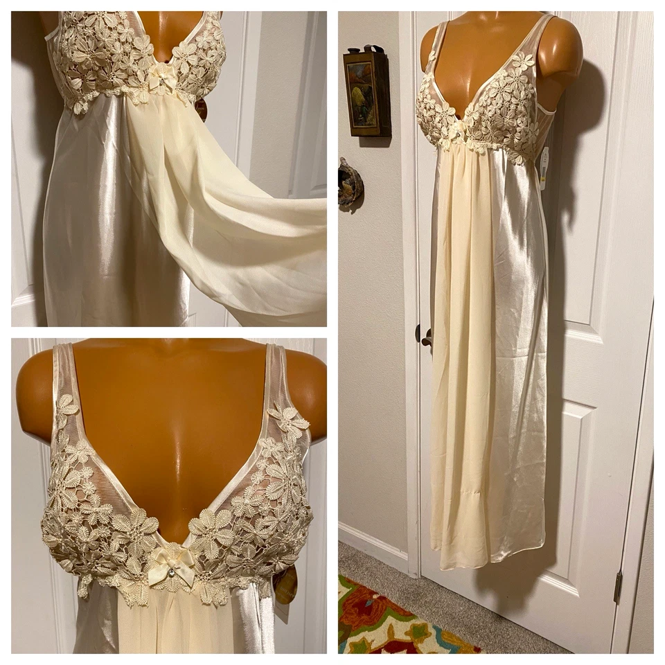 CAMISÓN FLORA NIKROOZ MARFIL SATINADO CON PÉTALO FLORAL CORPIÑO Y DELANTAL TALLA M Foto 2 de 4