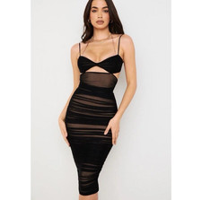 HOUSE OF CB Black Cut-Out Midi Dress Sheer Tibi Ruched Bodycon XL Date Night