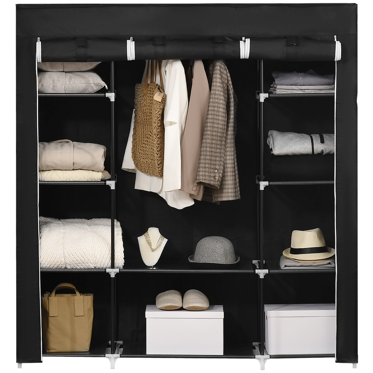 Homcom Fabric Wardrobe Portable Wardrobe With 10 Shelves 1 Hanging Rail Black - Black - Image 2