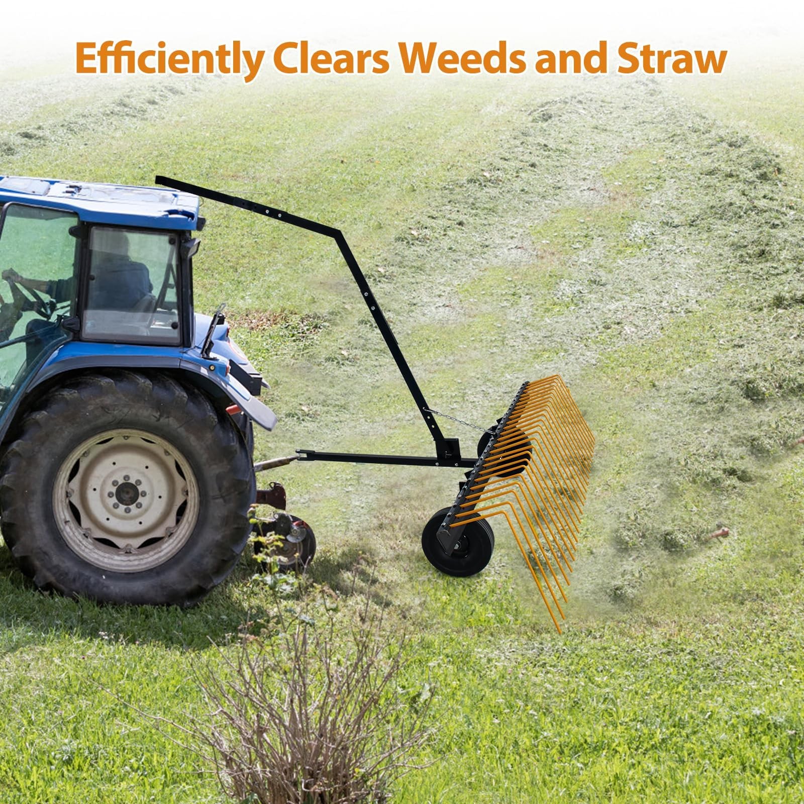 59" Tow Behind Dethatcher Pine Straw Rake Lawn Dethatcher Rake w/ 24 Steel Tines