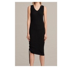 AllSaints Rosen Black Ribbed V-neck Midi Dress Small Stretch Bodycon Tank