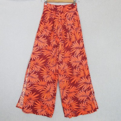 Maaji Wide Leg Pants Womens M Wide Elastic Waist Tropical Leaf Orange Maroon