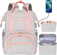 Kaome Lunch Backpack 15.6 Inch Laptop for Women with USB Grey Pink