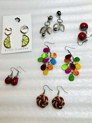 Lot 6  Earrings Apple Fruit Cherries Black Diamond Lemon Slice Red Vintage