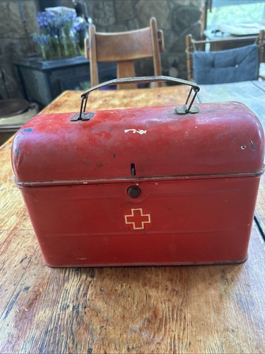Vintage First Aid Kit Supplies Inside Metal Red Box with Contents