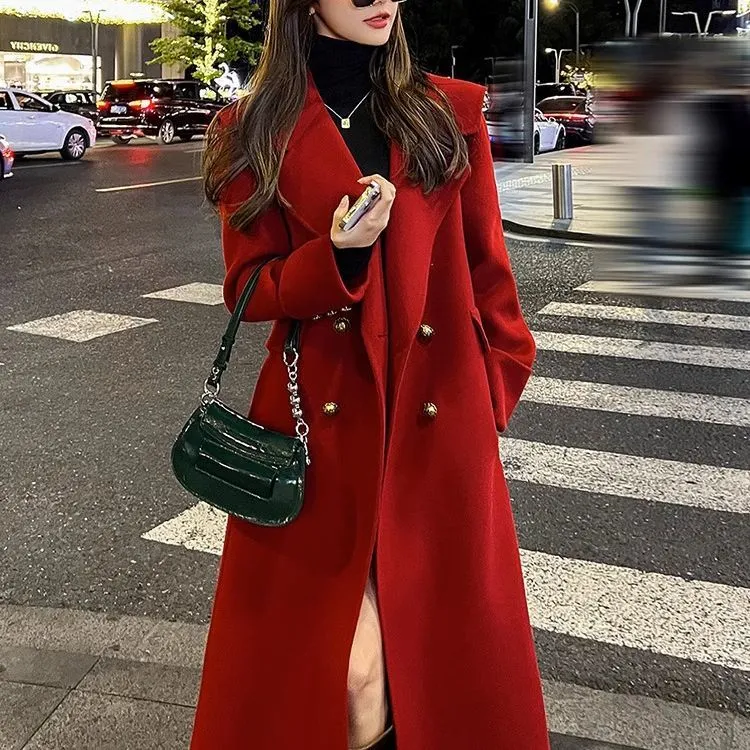 New Year's Robe Womens Medium Long Coat Temperament Woolen Coat