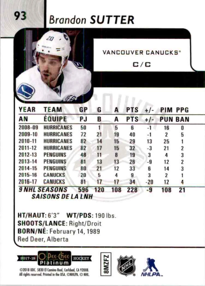 2017-18 O-Pee-Chee Platinum Brandon Sutter #93 - Image 2 of 2
