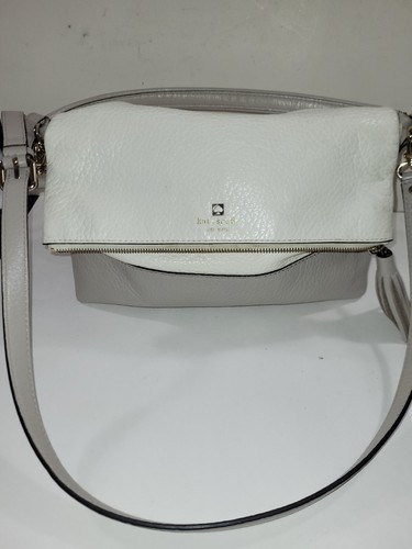 Kate Spade Crossbody Purse Southport Pebbled Leather Fold Over Bag White & Gray